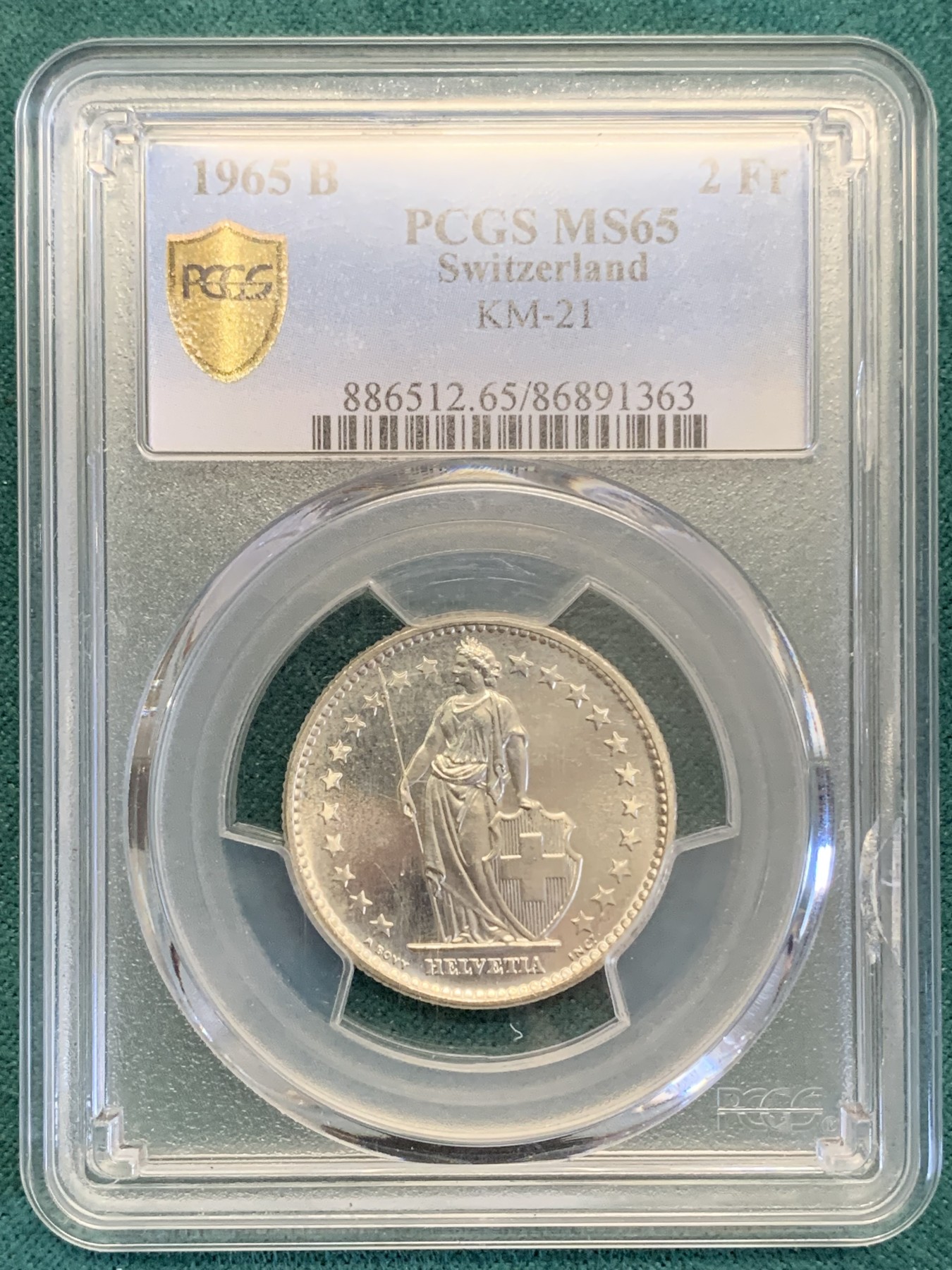 《竞宝斋》第193场-周日，周一 2场 (全场包邮) PCGS-MS65 瑞士 1965年 2法郎 银币 盒子边缘处有磕碰
