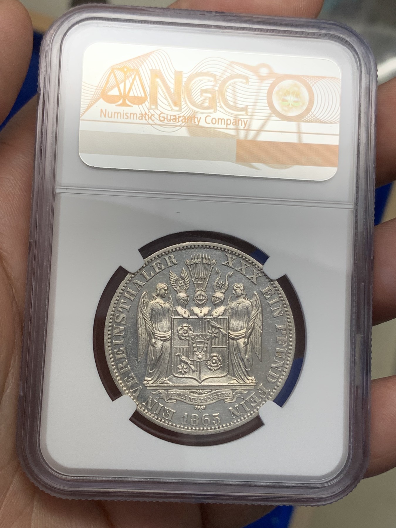 《竞宝斋》第193场-周日，周一 2场 (全场包邮) NGC-UNC 1865年德国绍姆堡利普天使1泰勒银币（发行7000枚的德系小珍）状态好 可以养养包浆试试