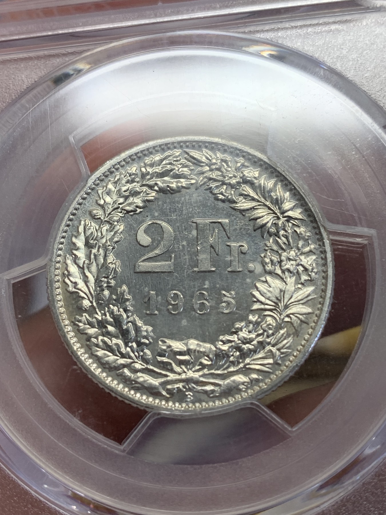 《竞宝斋》第193场-周日，周一 2场 (全场包邮) PCGS-MS65 瑞士 1965年 2法郎 银币 盒子边缘处有磕碰
