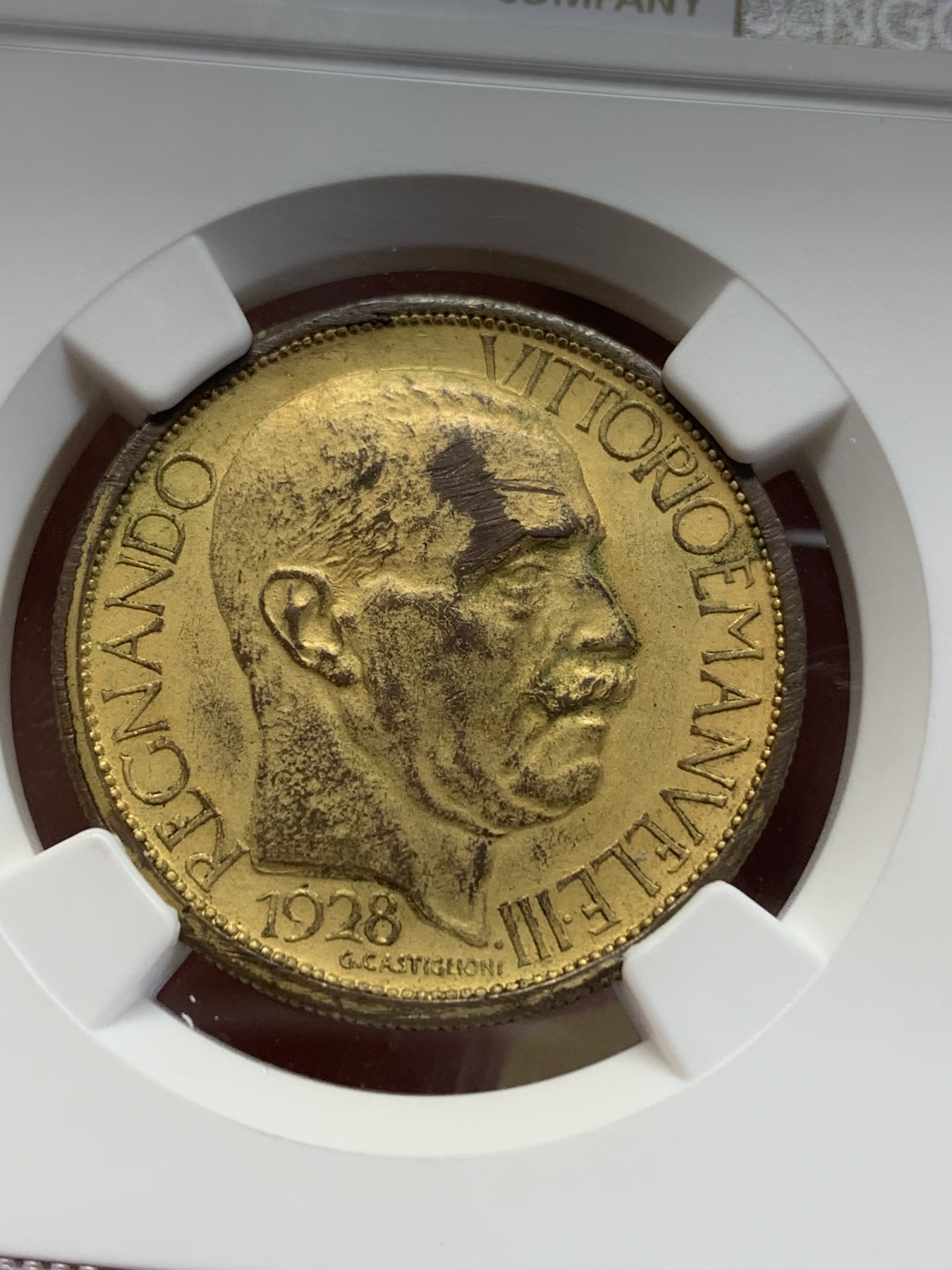 《竞宝斋》第193场-周日，周一 2场 (全场包邮) NGC-UNC 意大利 1928年 米兰世博会铜镀金2里拉 镀金样币