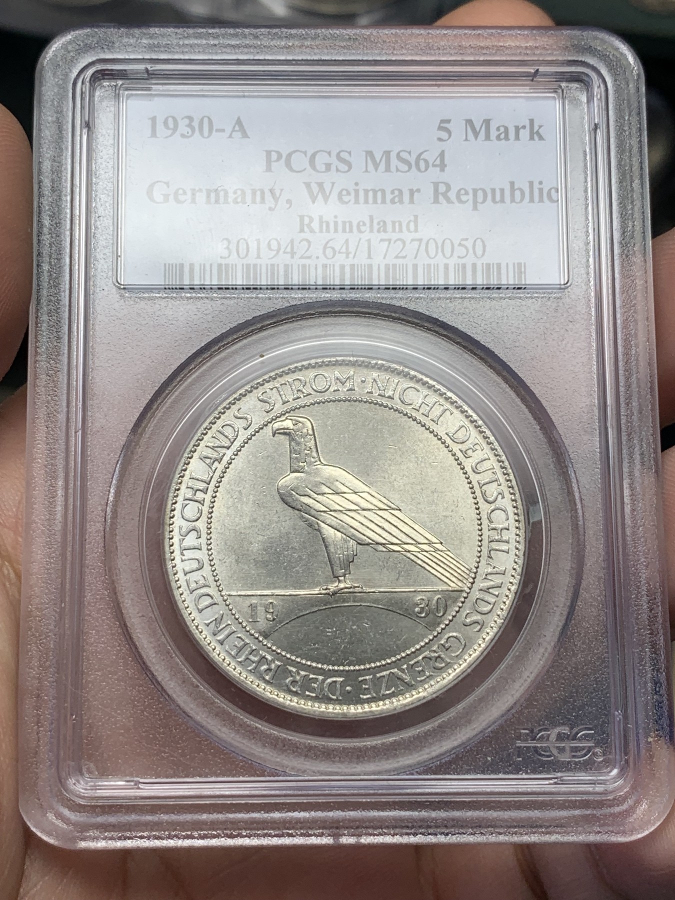 《竞宝斋》第193场-周日，周一 2场 (全场包邮) PCGS MS64 德国魏玛 1930年 鹰桥 解放莱茵5马克纪念银币 底板丝滑 币面清爽