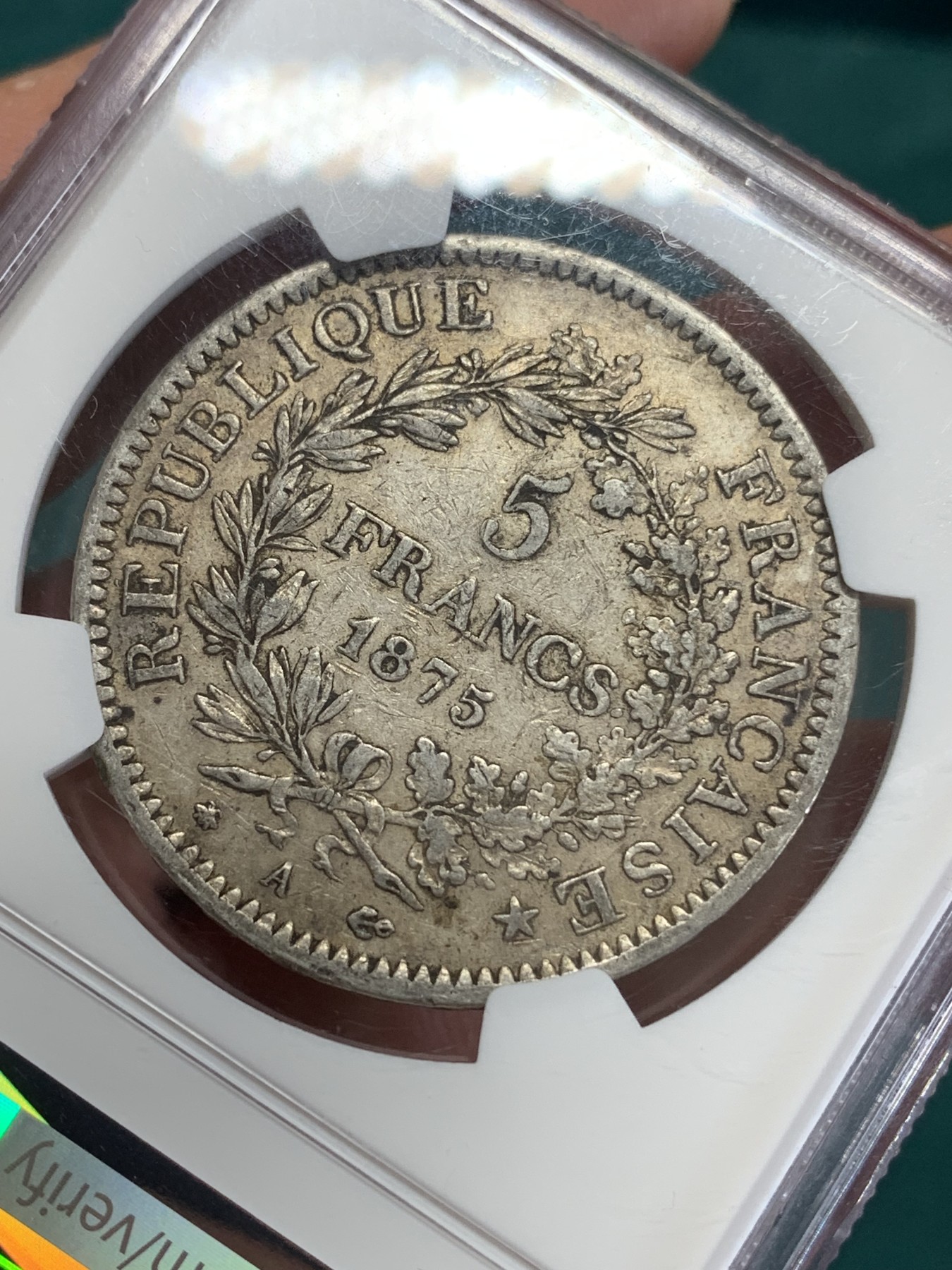 《竞宝斋》第193场-周日，周一 2场 (全场包邮) NGC AU55 法国1875年大力神5法郎银币 小A版 铸造量是1873年的1/10