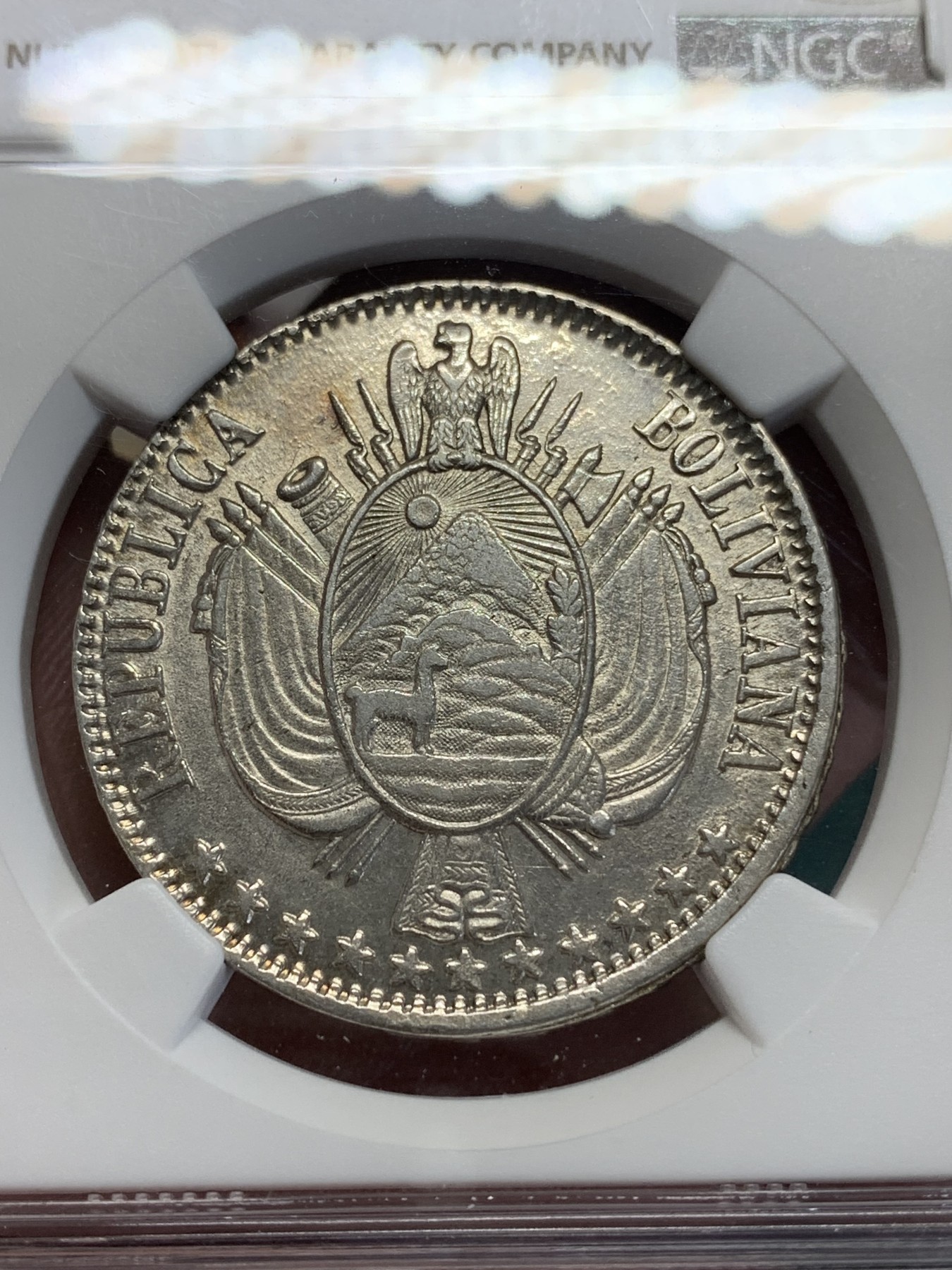 《竞宝斋》第193场-周日，周一 2场 (全场包邮) NGC-AUD 玻利维亚 1867年 1B 大银币 中南美洲潜力品种