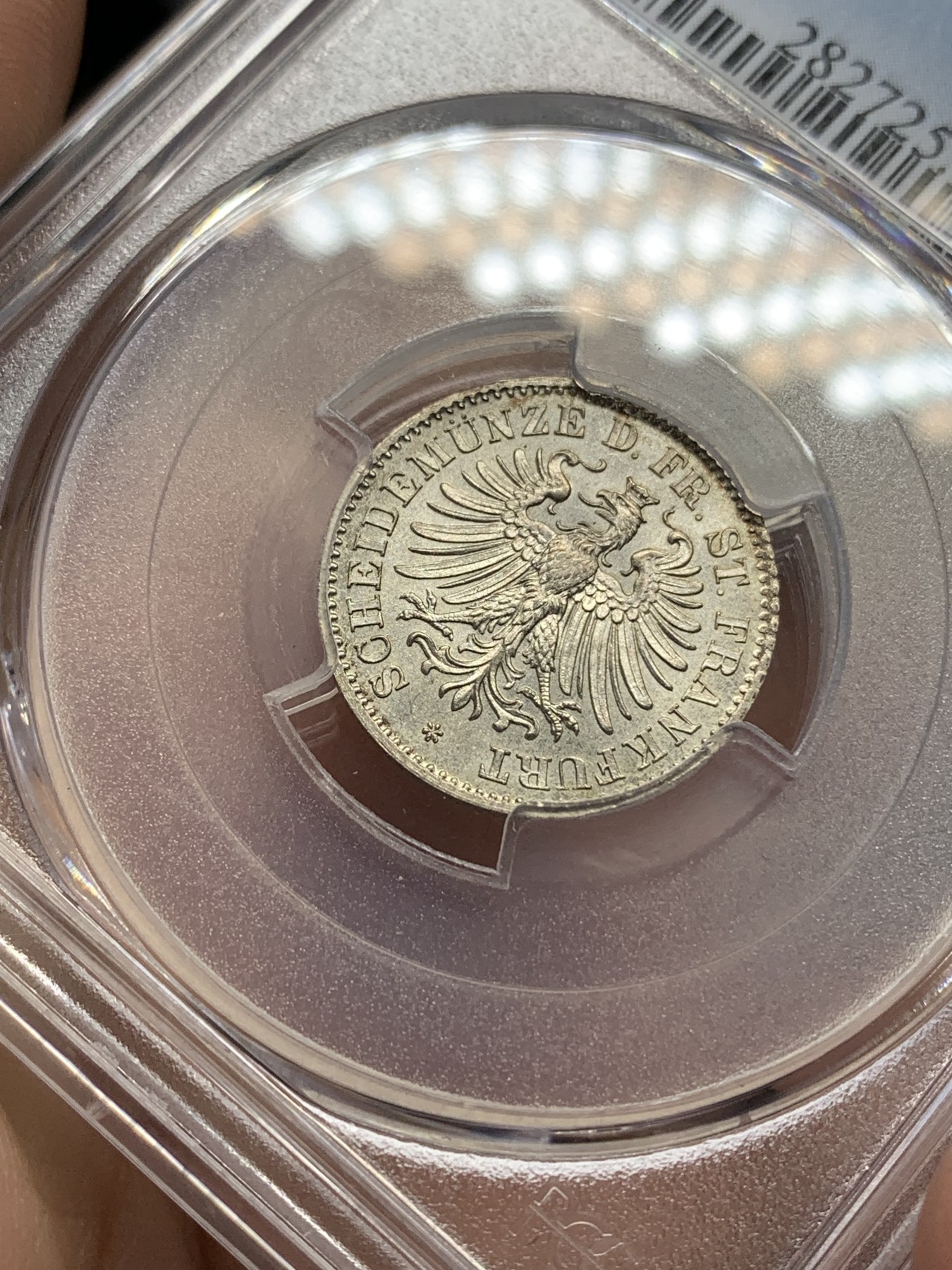 《竞宝斋》第193场-周日，周一 2场 (全场包邮) PCGS-MS66 德国法兰克福 1866年 6克鲁泽 银币
