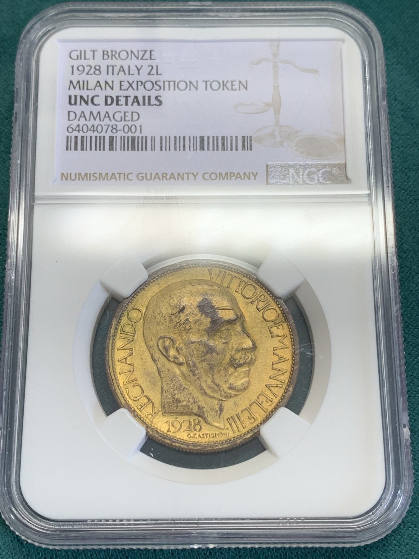 《竞宝斋》第193场-周日，周一 2场 (全场包邮) NGC-UNC 意大利 1928年 米兰世博会铜镀金2里拉 镀金样币