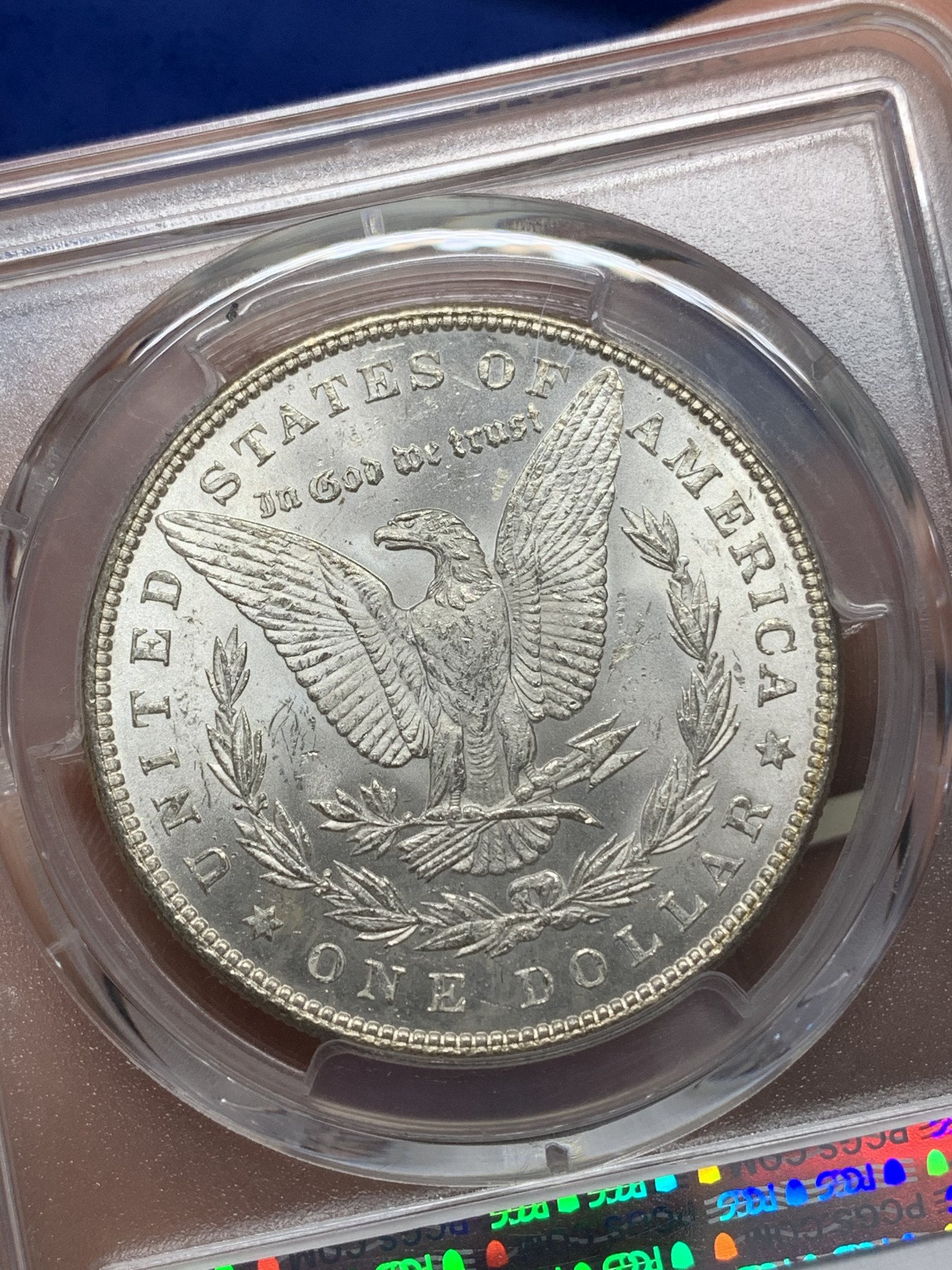 《竞宝斋》第193场-周日，周一 2场 (全场包邮) PCGS-MS63 美国 1885年 1美元 摩根银币 正面五彩包浆 很漂亮