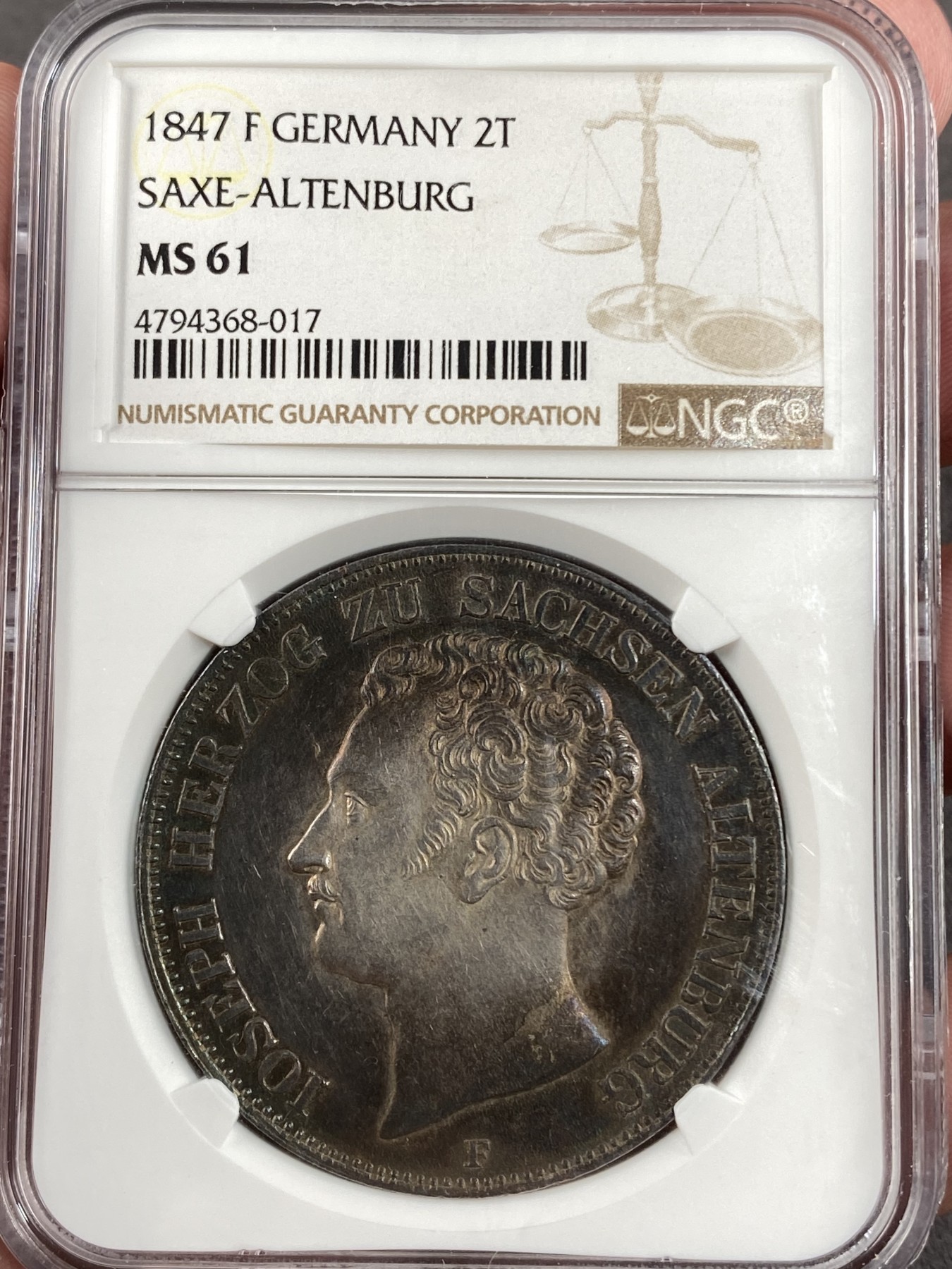 万国钱币拍卖第015期（奢华币章第二季） NGC MS61 1847年德国萨克森-阿尔滕堡约瑟夫·赫尔佐格公爵纹章2泰勒 亚军分 铸币量9400枚 小邦中极其变态的品种