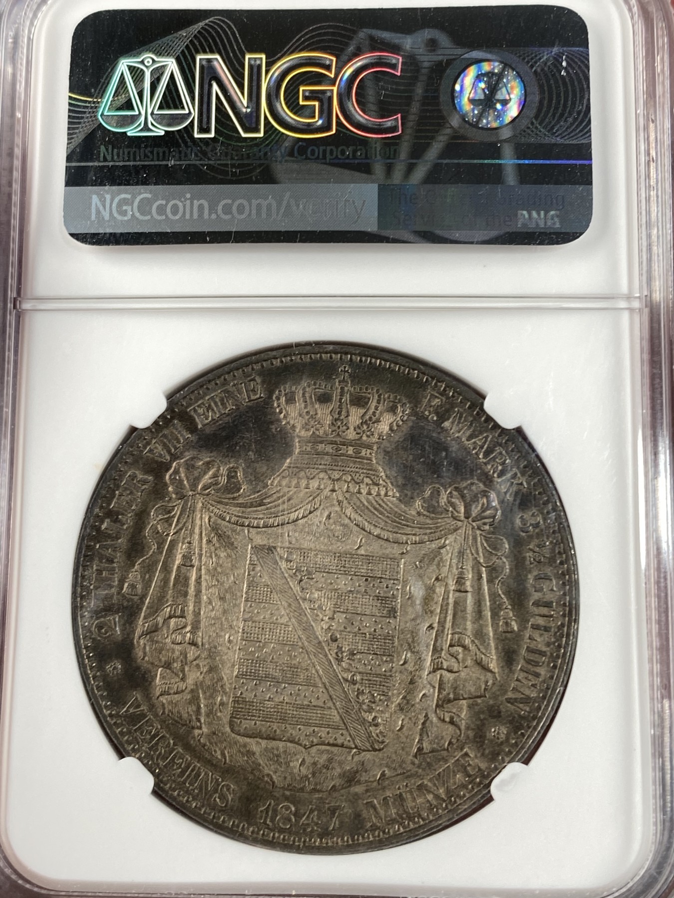 万国钱币拍卖第015期（奢华币章第二季） NGC MS61 1847年德国萨克森-阿尔滕堡约瑟夫·赫尔佐格公爵纹章2泰勒 亚军分 铸币量9400枚 小邦中极其变态的品种