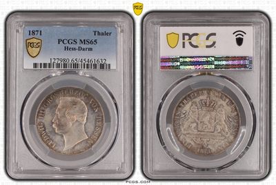 万国钱币拍卖第015期（奢华币章第二季） - PCGS MS65 1871年德国黑森-达姆施塔特路德维希三世双狮盾徽流通1泰勒 小邦中的精品 唯一冠军 双狮深打配合五彩的状态表明这是很难被超越的藏品级泰勒