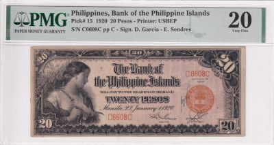 乐淘淘纸币精选 第17期  - 【C6608C】美属菲律宾1920年纸币 20比索 百年老钞 倒置号 PMG20