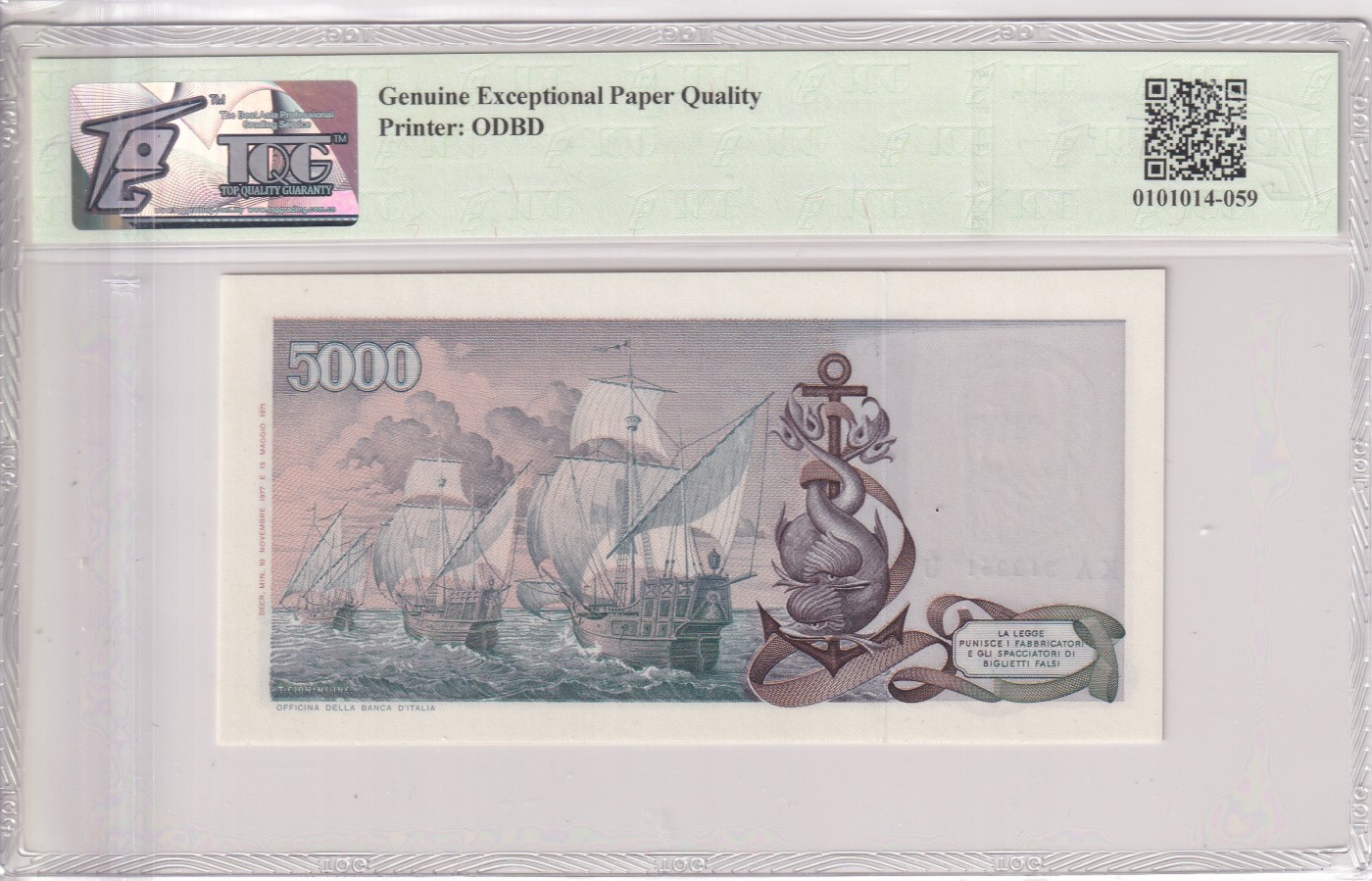 乐淘淘纸币精选 第17期  【KA 212251U】意大利1971-77年纸币 5000里拉 最稀少签名rare级 数三 哥伦布 TQG66EPQ