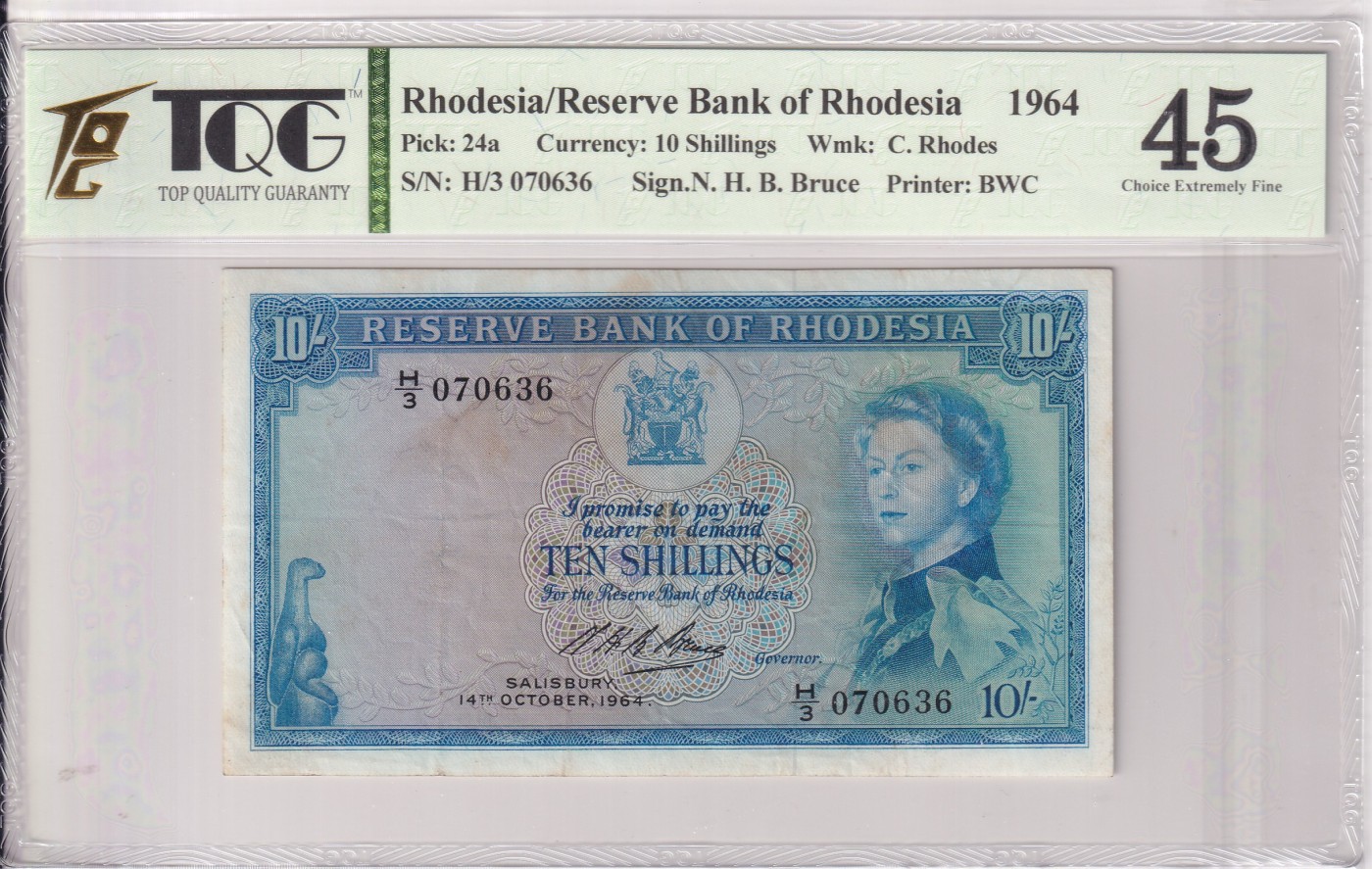 乐淘淘纸币精选 第17期  【H/3 070636】罗得西亚1964年纸币 10先令 戎装女王钞 TQG45