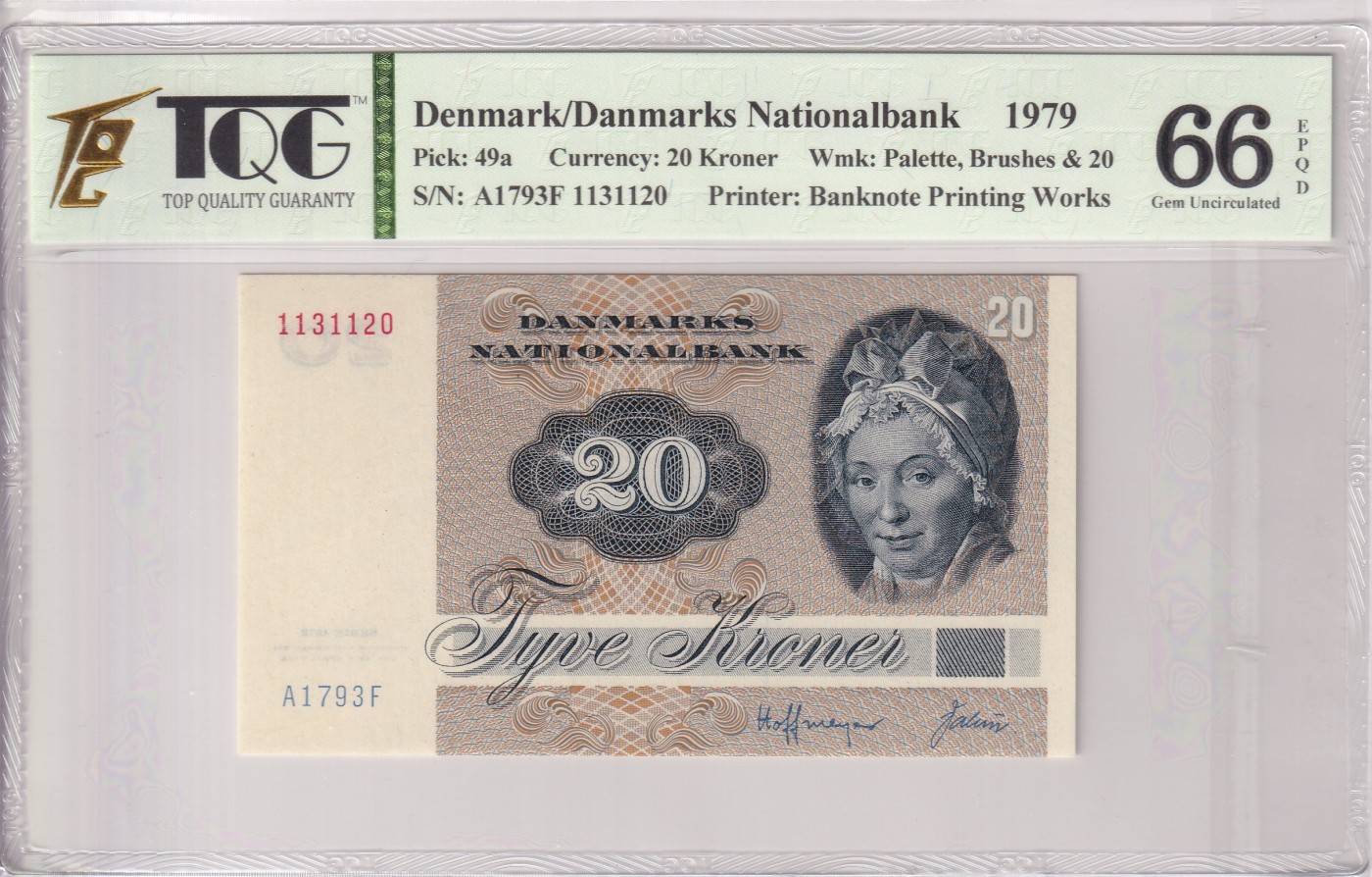 乐淘淘纸币精选 第17期  【A1793F 1131120】丹麦1979年纸币 20克朗 TQG66EPQ
