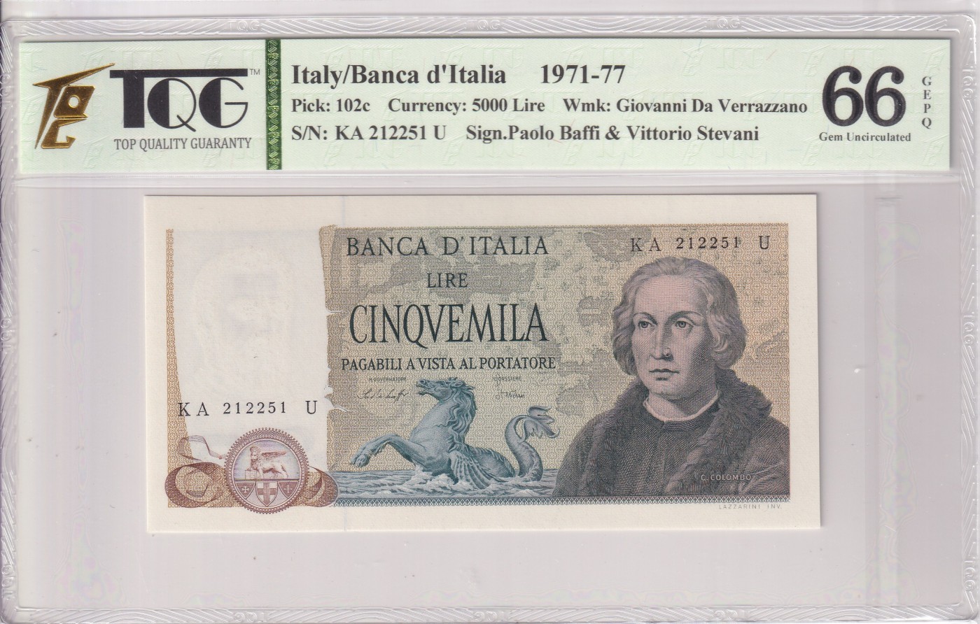 乐淘淘纸币精选 第17期  【KA 212251U】意大利1971-77年纸币 5000里拉 最稀少签名rare级 数三 哥伦布 TQG66EPQ