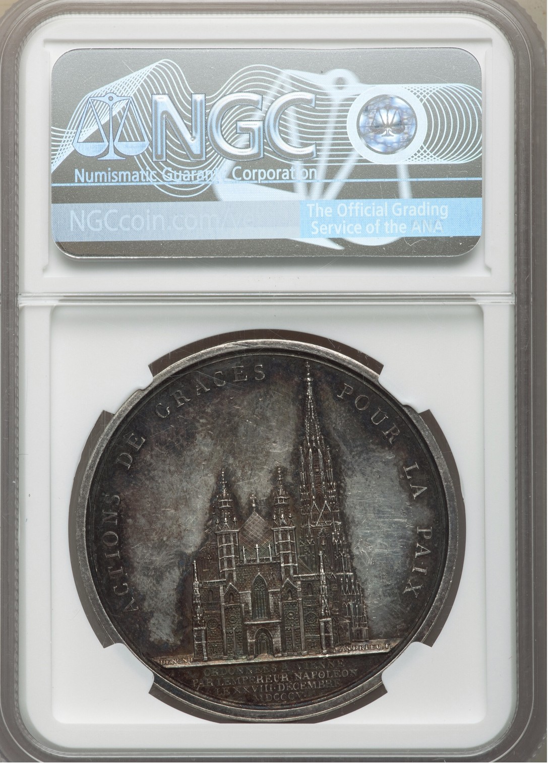 万国钱币拍卖第015期（奢华币章第二季） NGC MS62 1805年法国皇帝拿破仑参观维也纳的圣斯蒂芬大教堂纪念大银章 原铸原味五彩 御用雕刻师Denon经典作品 41MM