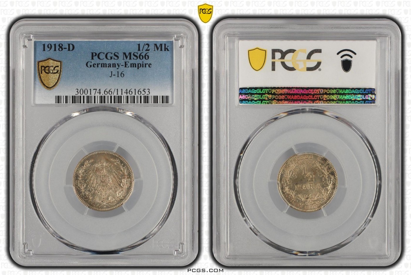 万国钱币拍卖第015期（奢华币章第二季） PCGS MS66 1918年德国第二帝国末年普鲁士鹰1/2马克 完美细节 顶级品相 原光带包浆