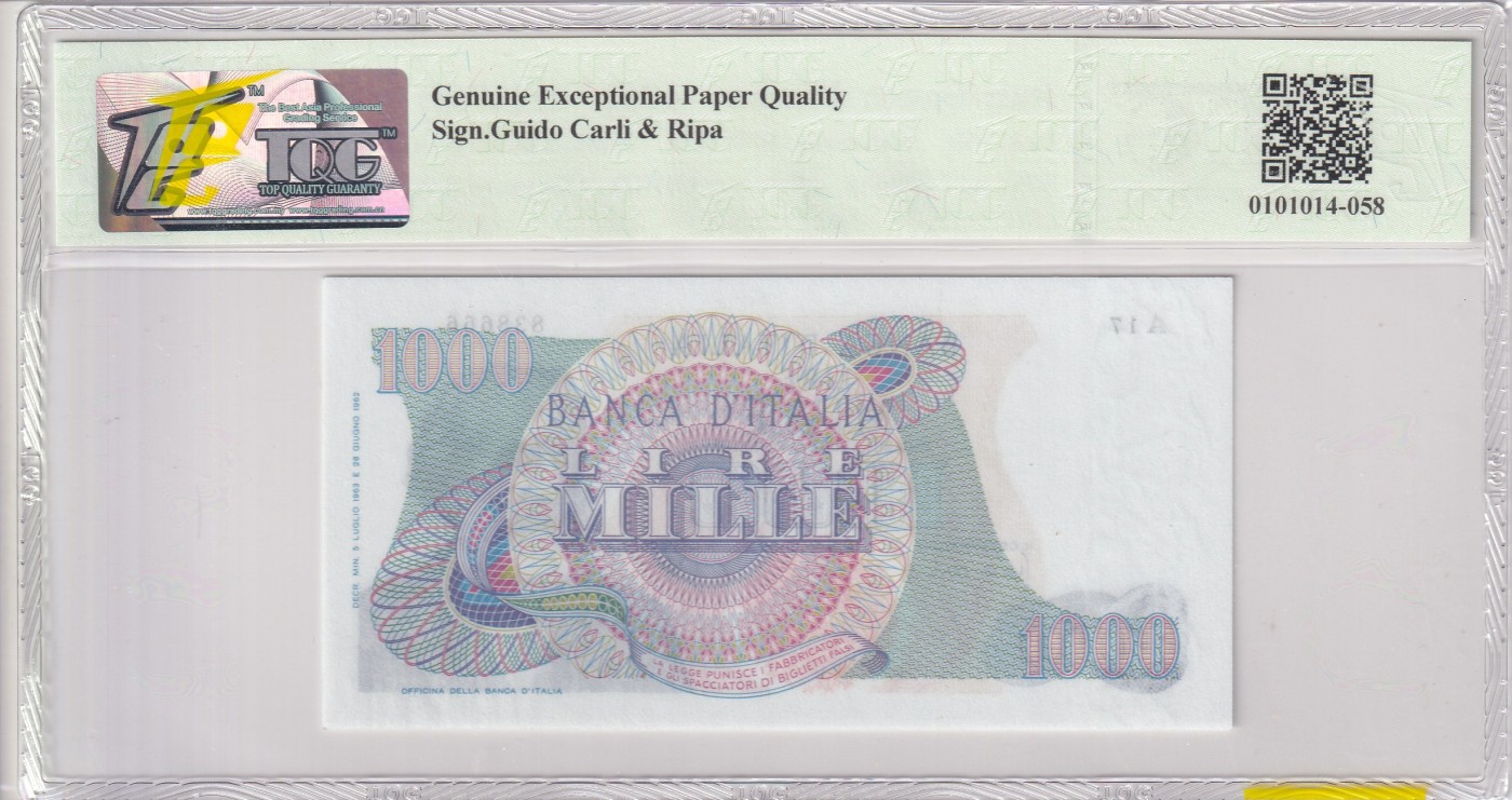 乐淘淘纸币精选 第17期  【A17 838666】意大利1962年纸币 1000里拉 豹子号 TQG66EPQ