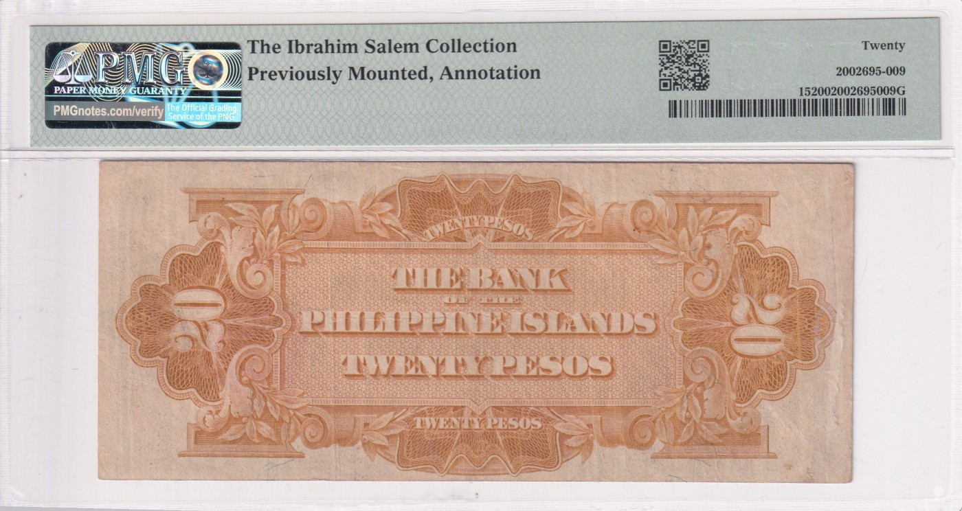 乐淘淘纸币精选 第17期  【C6608C】美属菲律宾1920年纸币 20比索 百年老钞 倒置号 PMG20