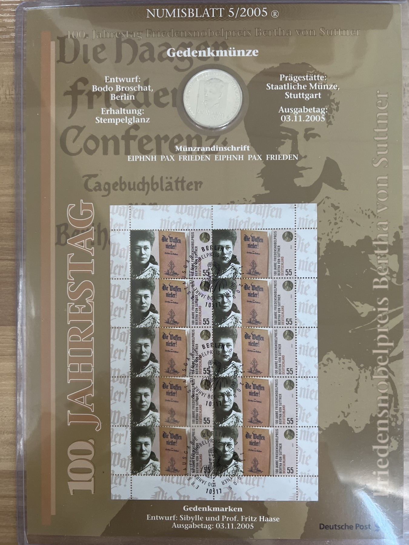 第4期 银币专场 （无押金，捡漏，全场20包邮，偏远地区除外，接收代拍业务） 2005年 德国 贝尔塔 冯 苏特纳 10欧元 纪念银币 带大版票