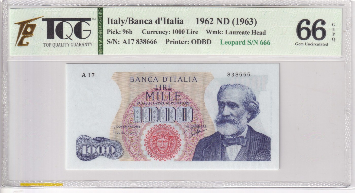 乐淘淘纸币精选 第17期  【A17 838666】意大利1962年纸币 1000里拉 豹子号 TQG66EPQ