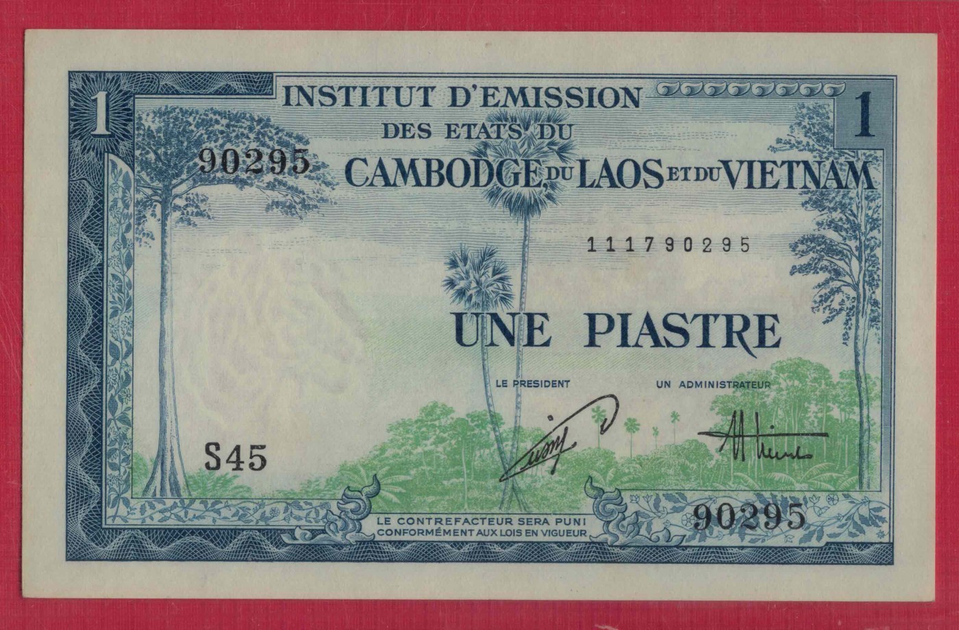 法属印度支那1皮阿斯特(1盾) 1954年 签名21 P-105 无47 亚洲纸币 实物图 UNC