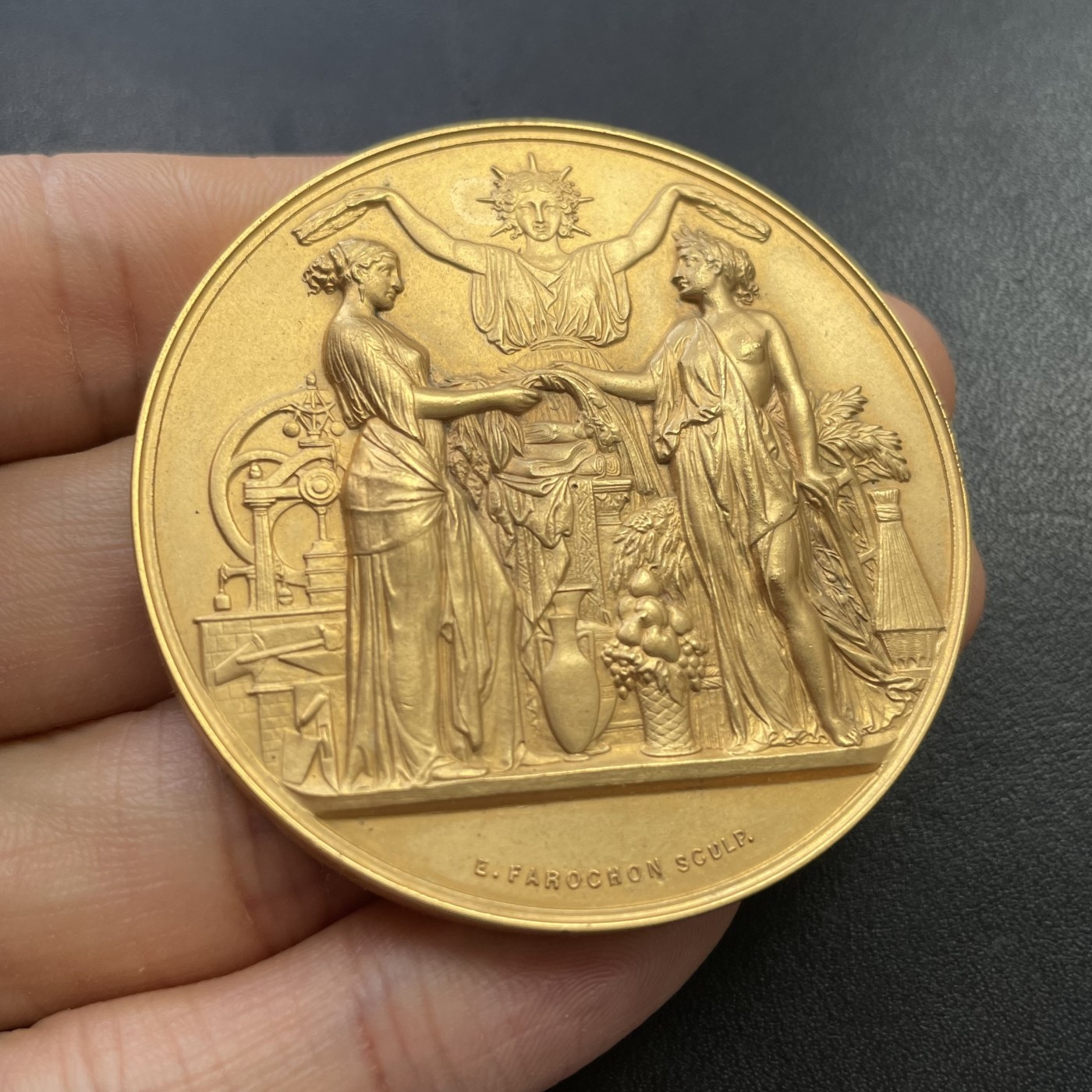 「木头集藏」章牌专场-第30期 Farochon～法国罗讷省教育铜质镀金奖章 直径：51mm