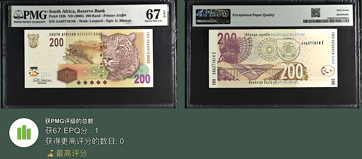 《张总收藏》117期-外币超高货合集 冠军分&名誉品 南非200镑 PMG67E 2005年 AA冠 唯一冠军分