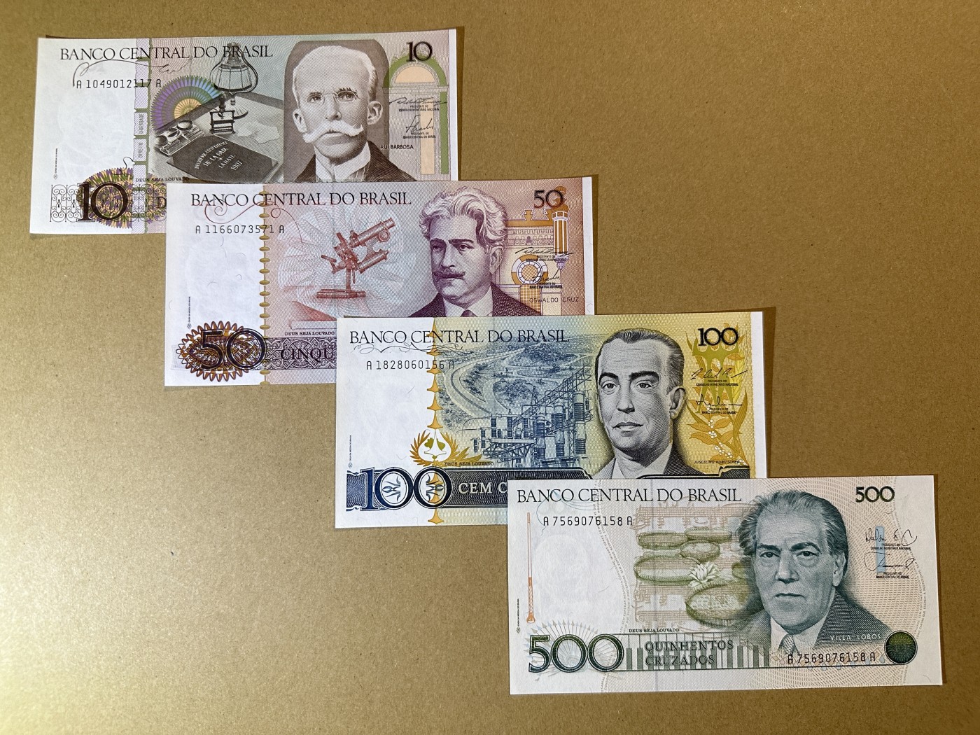 《张总收藏》117期-外币超高货合集 冠军分&名誉品 巴西10、50、100、500克鲁塞罗4张 UNC 1986年