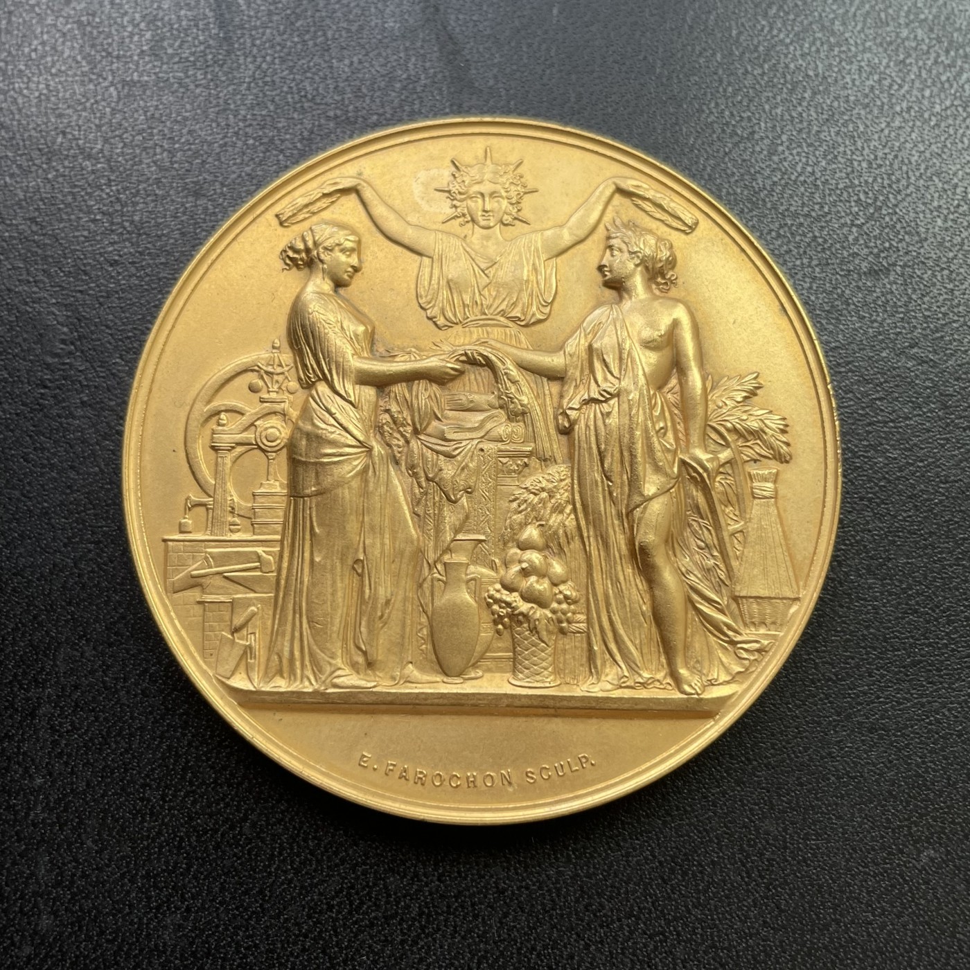 「木头集藏」章牌专场-第30期 Farochon～法国罗讷省教育铜质镀金奖章 直径：51mm