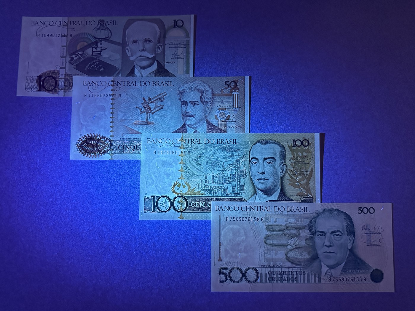 《张总收藏》117期-外币超高货合集 冠军分&名誉品 巴西10、50、100、500克鲁塞罗4张 UNC 1986年