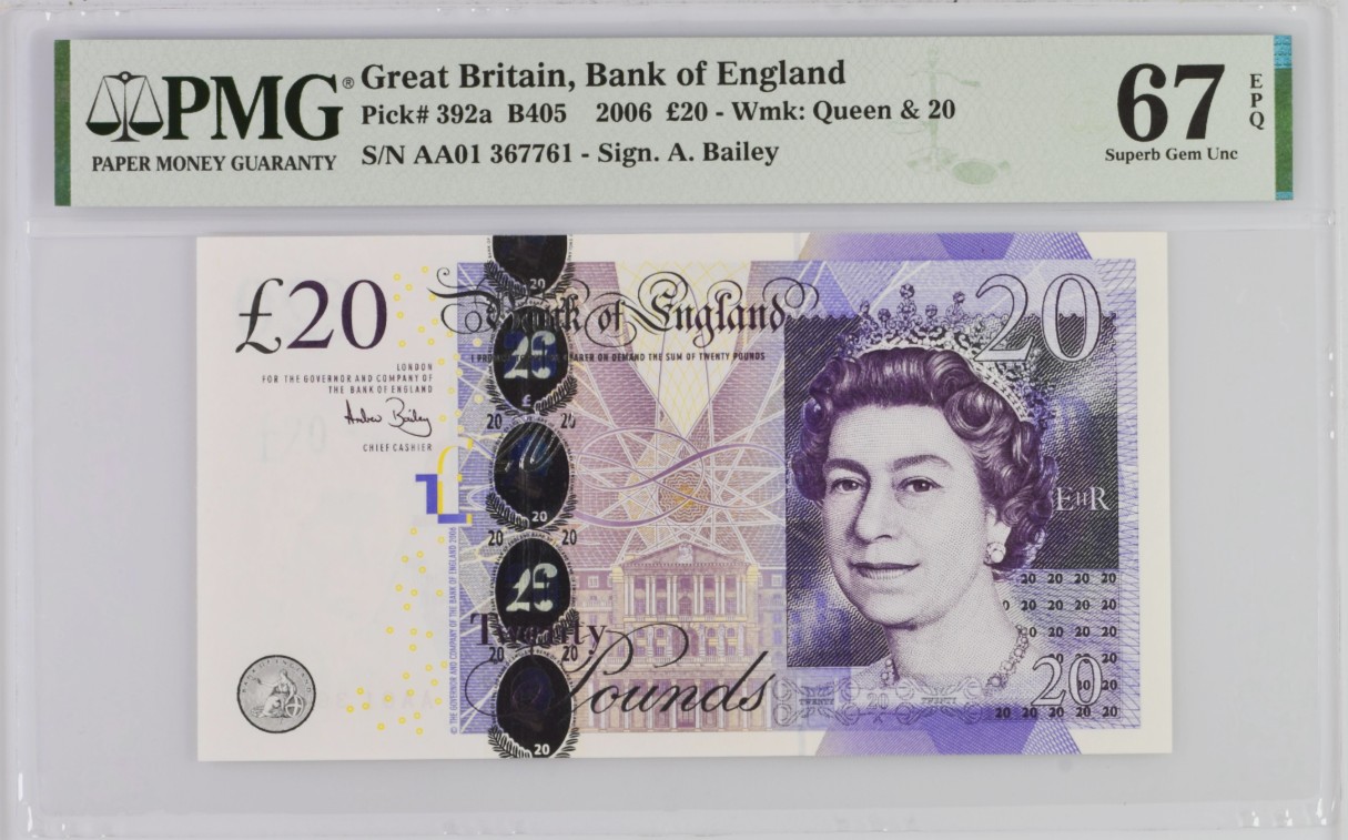 《张总收藏》117期-外币超高货合集 冠军分&名誉品 英国2006年F序列20镑AA01冠PMG67E高分无4