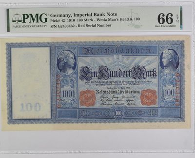 收藏联盟Quantum Auction 第286期拍卖  - 德国帝国银行1910年100马克 PMG66 大票幅 红色库印初版