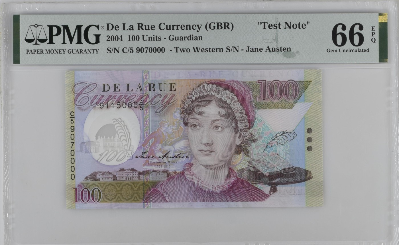 收藏联盟Quantum Auction 第286期拍卖  德纳罗De La Rue Currency (GBR)2004年100 Units 测试钞 PMG66 狮子号