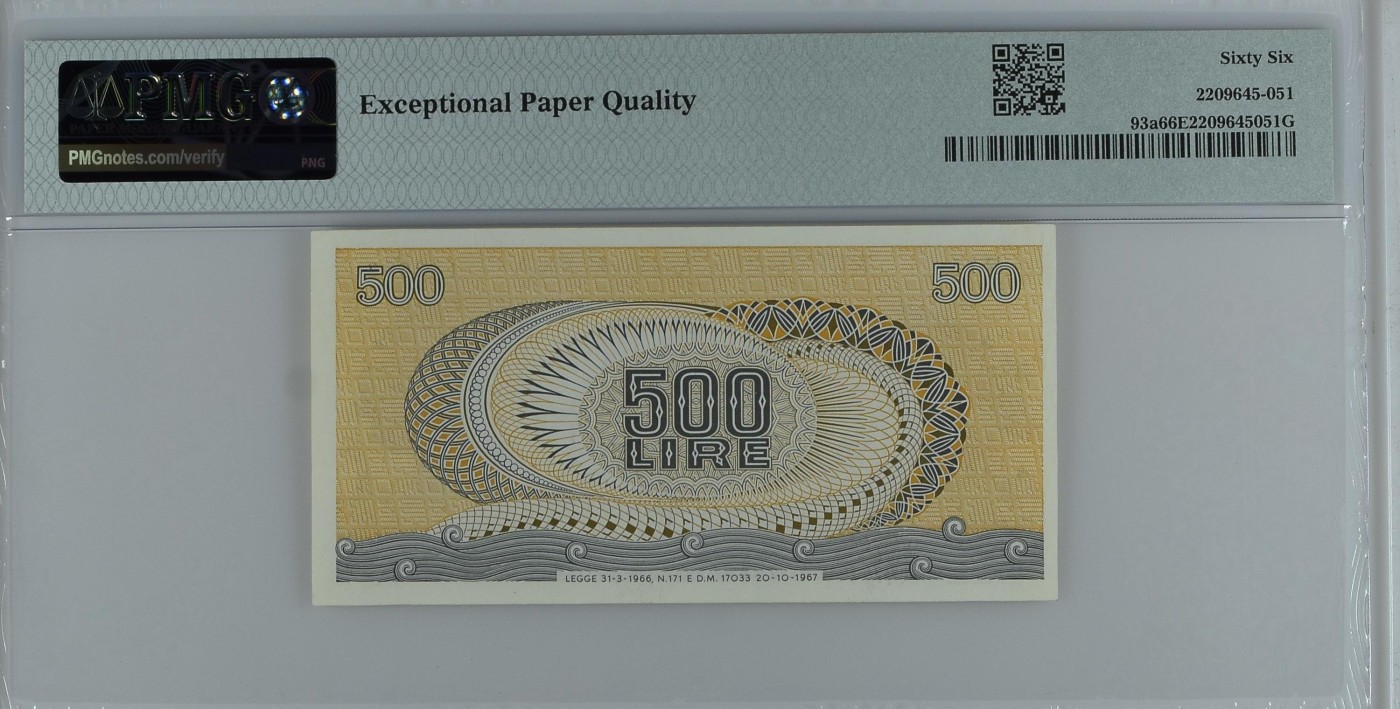 收藏联盟Quantum Auction 第286期拍卖  意大利1966-70年500里拉 PMG66