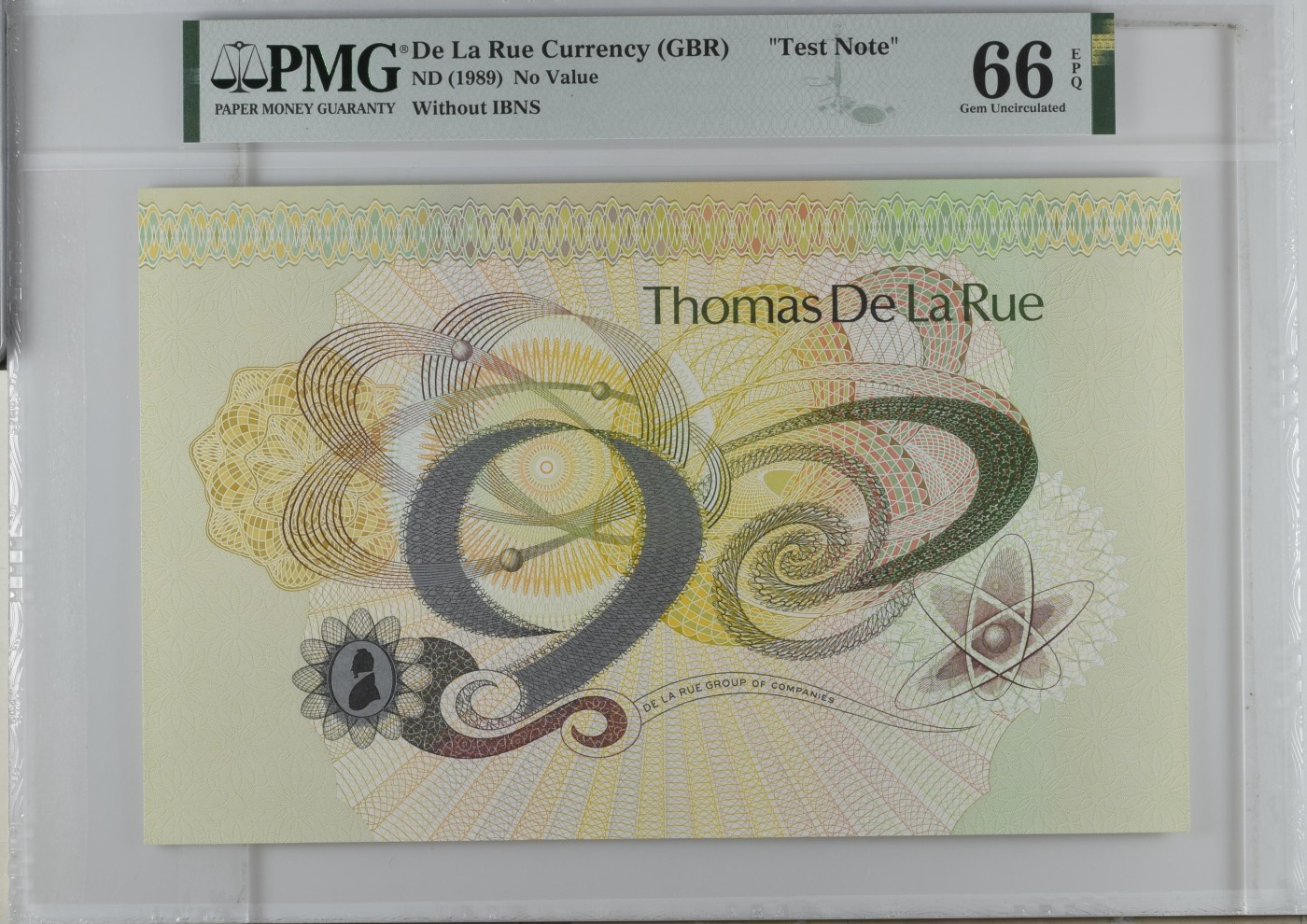 收藏联盟Quantum Auction 第286期拍卖  德纳罗De La Rue Currency (GBR)ND (1989)测试钞 PMG66 超大票幅