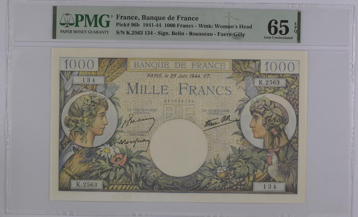 收藏联盟Quantum Auction 第286期拍卖  法国1941-44年1000法郎 PMG65 大票幅