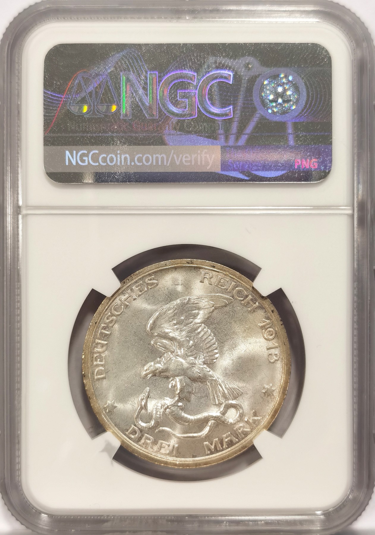 博洋堂世界钱币拍卖第041期周五场（全场包邮）本周五、周六二场连拍 NGC MS64 德国1913年普鲁士拿破仑战争胜利100周年纪念3马克银币，德国回流，打制深峻霜光闪闪，边缘环彩状态一流