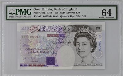 收藏联盟Quantum Auction 第286期拍卖  - 英国1991 (ND 1990-91)20镑 PMG64 首发A01冠86号 物理学家法拉第