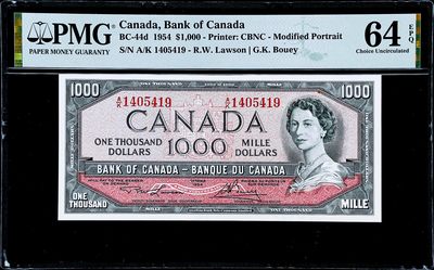 【Blue Auction】✨世界纸币精拍第366期【精】 - 加拿大 1954年1000元 最高值 早期女王 升值潜力巨大 背面风景唯美 PMG64EPQ 全新原票 正面挺居中的 低评了