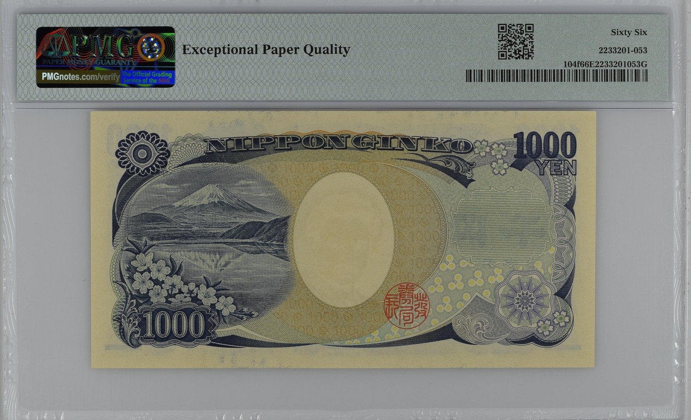 收藏联盟Quantum Auction 第286期拍卖  日本ND (2019) 年1000元 PMG66 豹子号333 号码无47 医学家野口英世