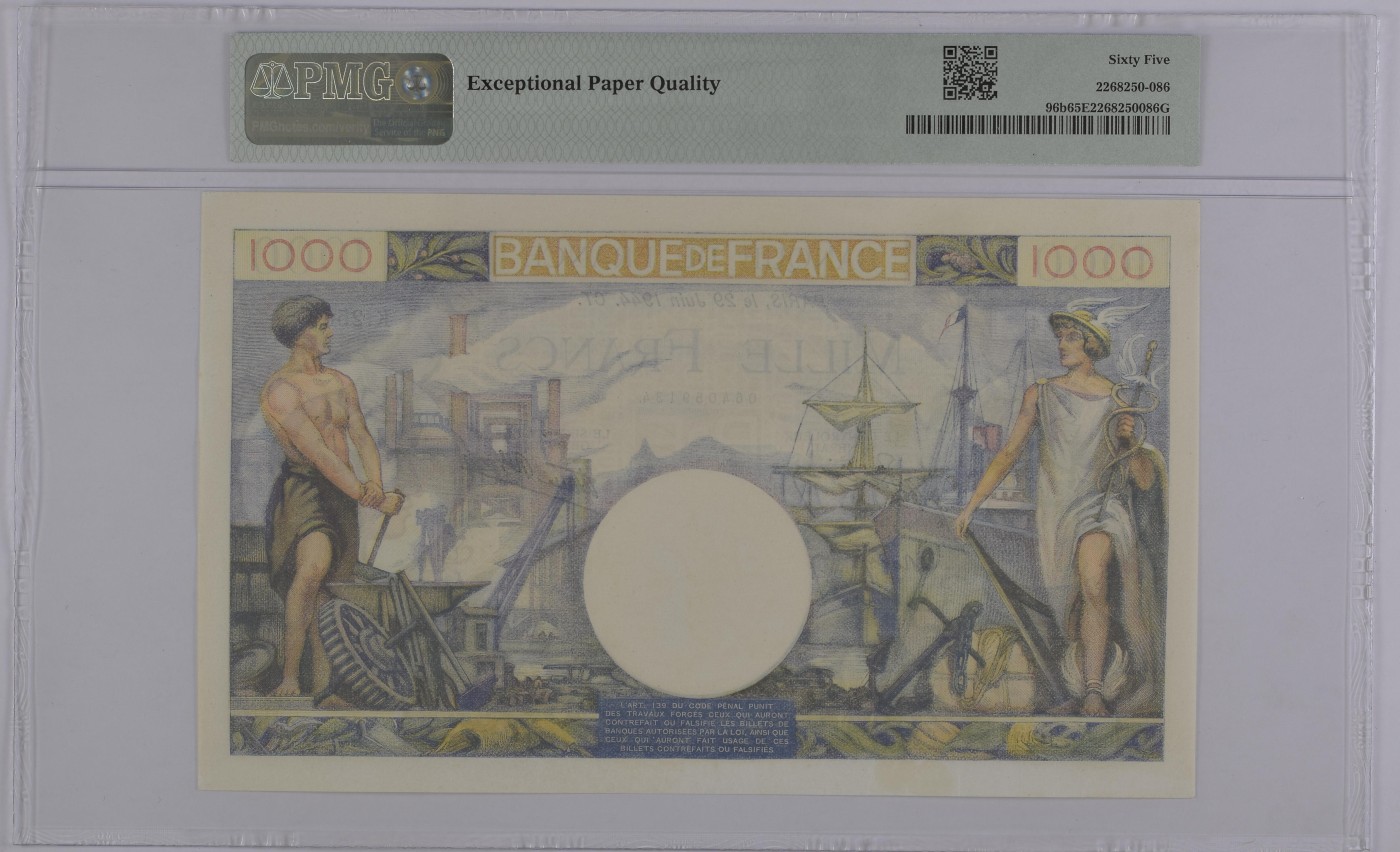 收藏联盟Quantum Auction 第286期拍卖  法国1941-44年1000法郎 PMG65 大票幅