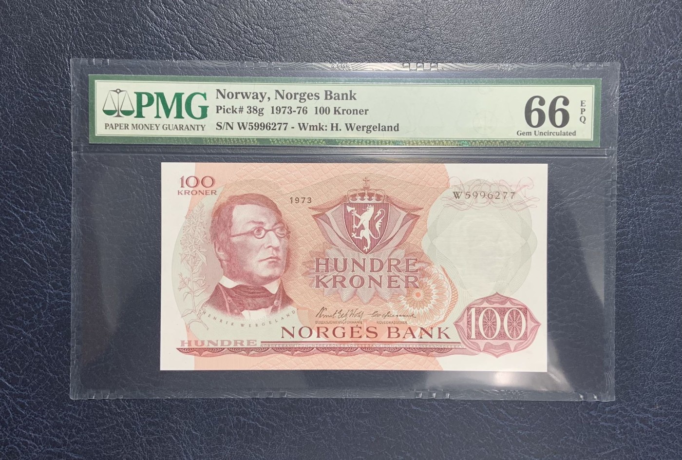 收藏联盟Quantum Auction 第286期拍卖  挪威1973年100克朗 PMG66 号码无4 挪威诗人 韦格朗