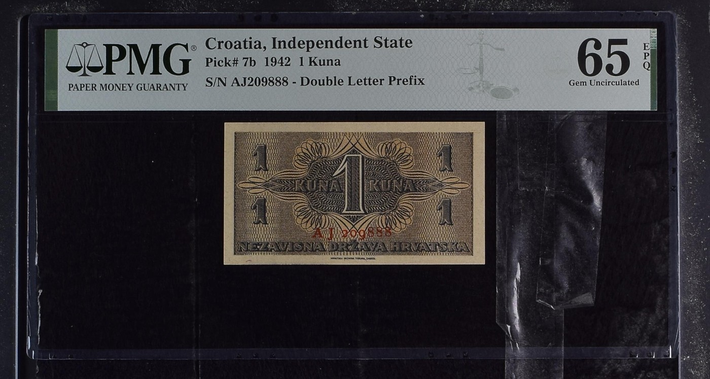 收藏联盟Quantum Auction 第286期拍卖  克罗地亚1942年1库纳 PMG65 豹子号888