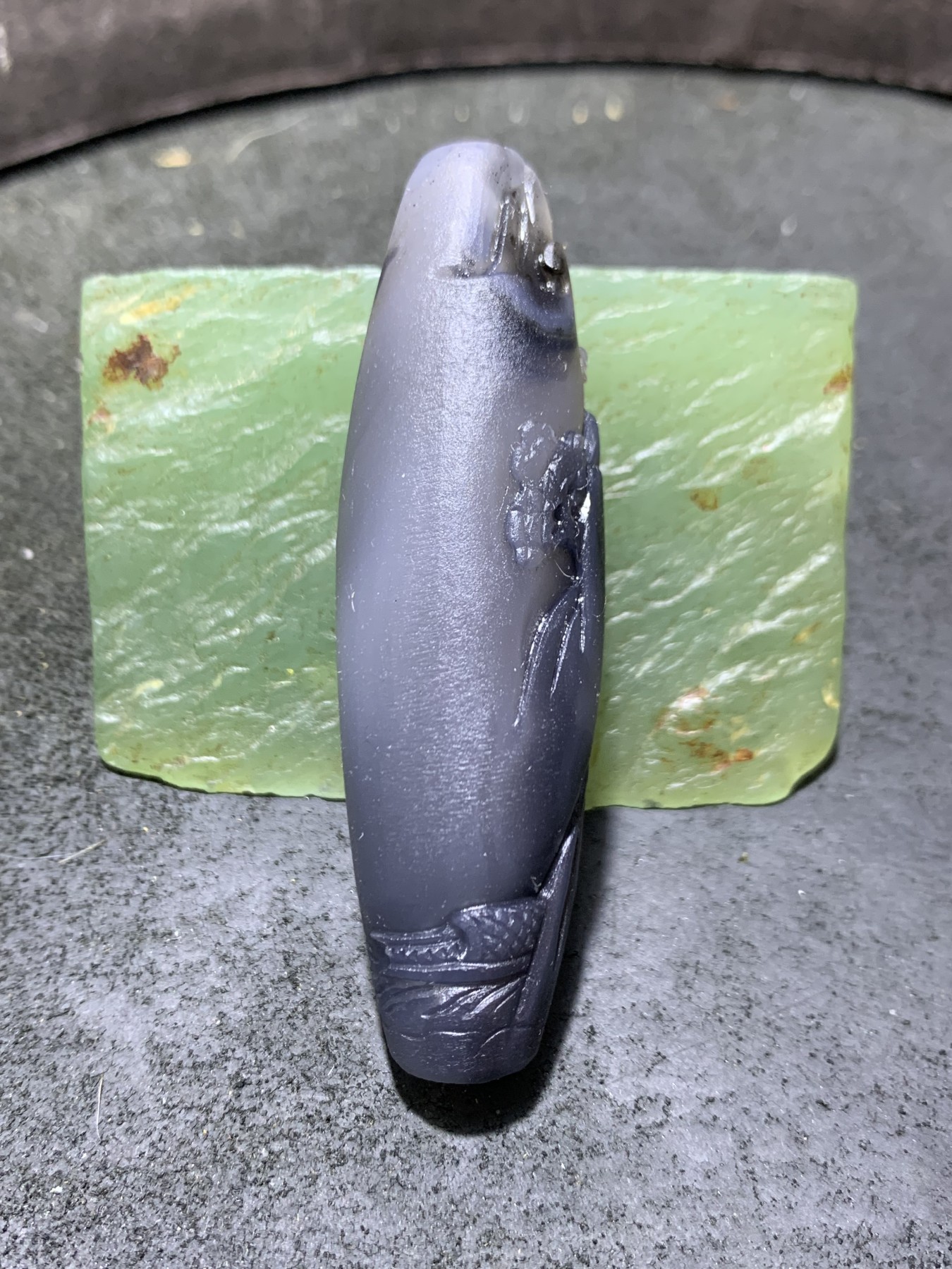 精美亚光高玉化青花料巴西玛瑙手工俏色巧雕一夜孤舟意境吊坠一个