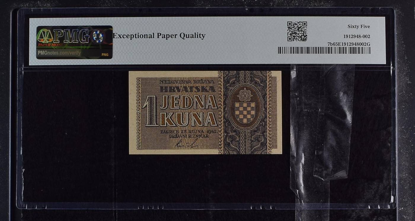 收藏联盟Quantum Auction 第286期拍卖  克罗地亚1942年1库纳 PMG65 豹子号888