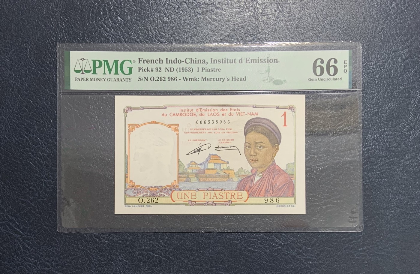 收藏联盟Quantum Auction 第286期拍卖  法属印度支那1953年1皮阿斯特 PMG66  号码无3457朦胧号  无中文(汇理银行)红字管理局版 老越柬三国通用