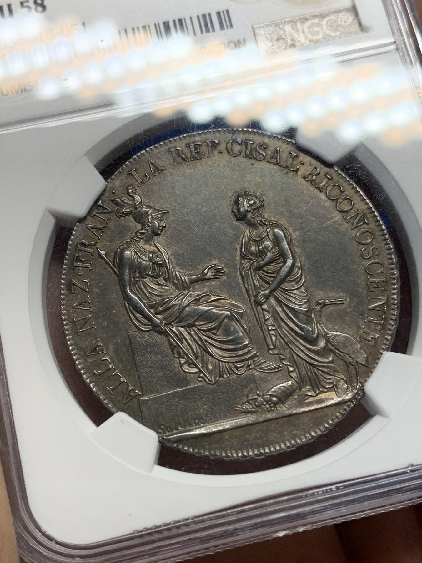 《竞宝斋》第194场-周日，周一 2场 (全场包邮) NGC AU58 意大利山南共和国 1800年 6里拉大银币 拿破仑短期政权 双面深彩包浆 状态低评