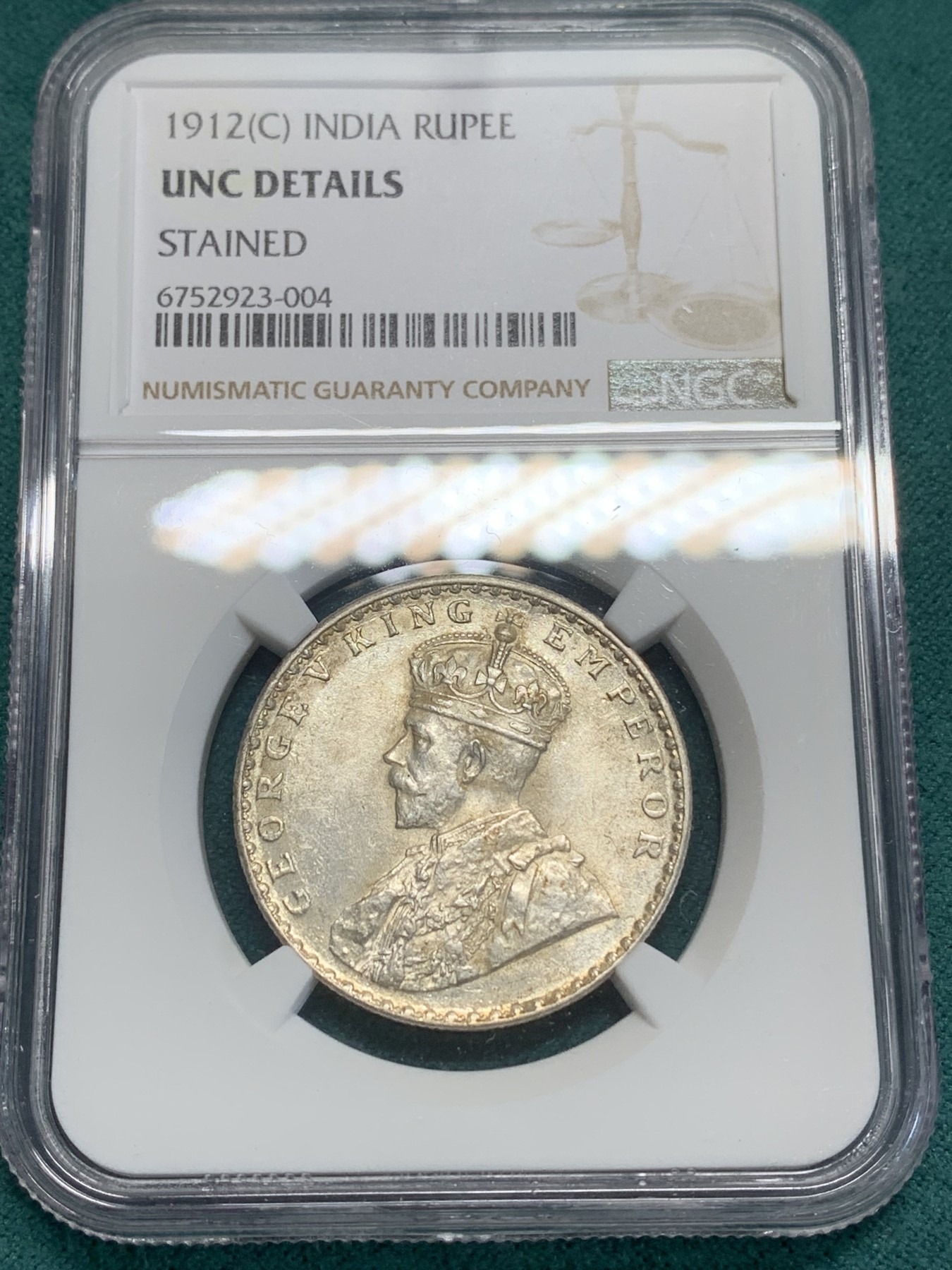 《竞宝斋》第194场-周日，周一 2场 (全场包邮) NGC-UNC 英属印度 1912年 C版 1卢比银币