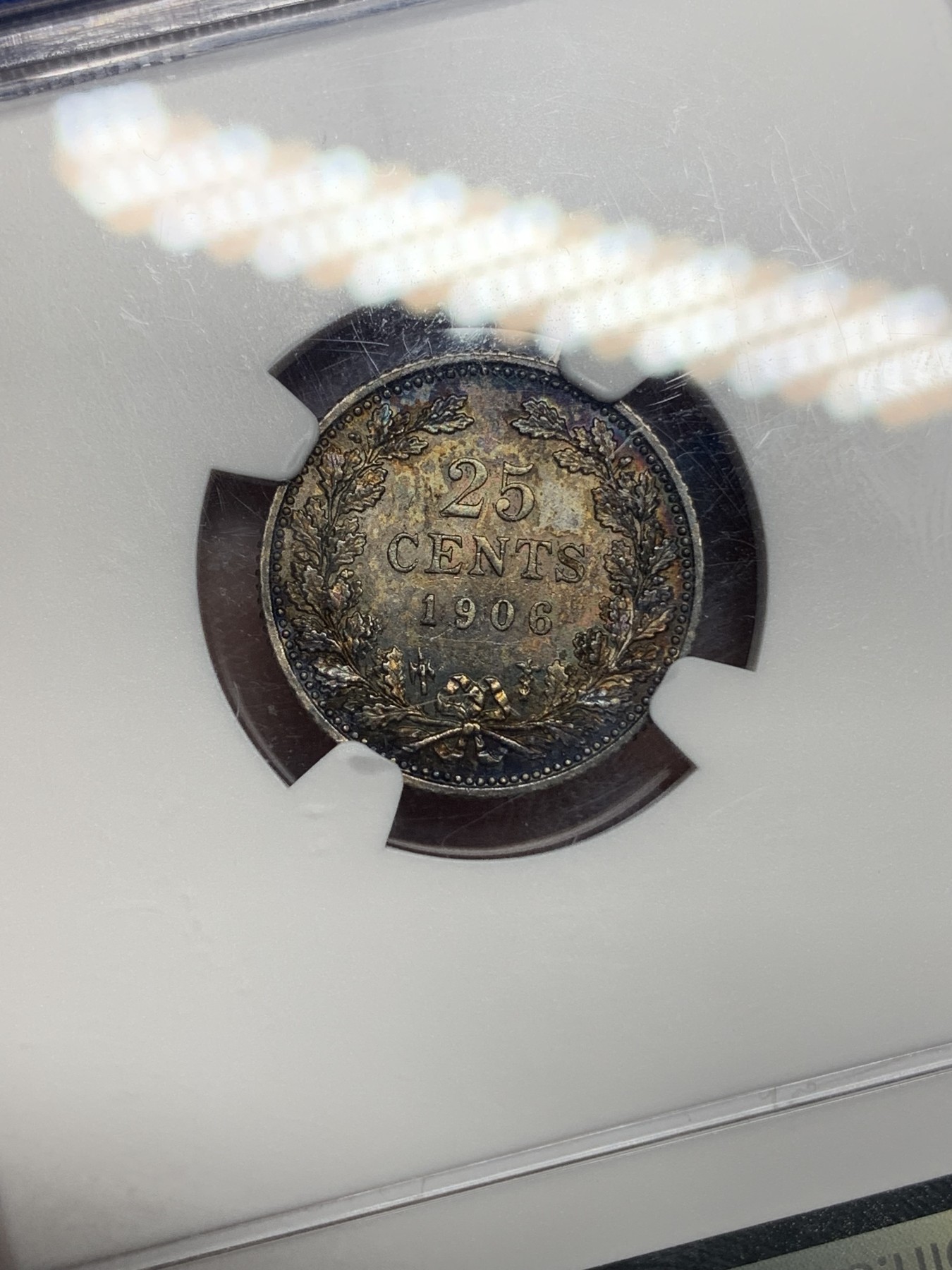 《竞宝斋》第194场-周日，周一 2场 (全场包邮) NGC-MS63 荷兰 1906年 25分 威廉敏娜 银币 经典头像 双面五彩 绝美包浆