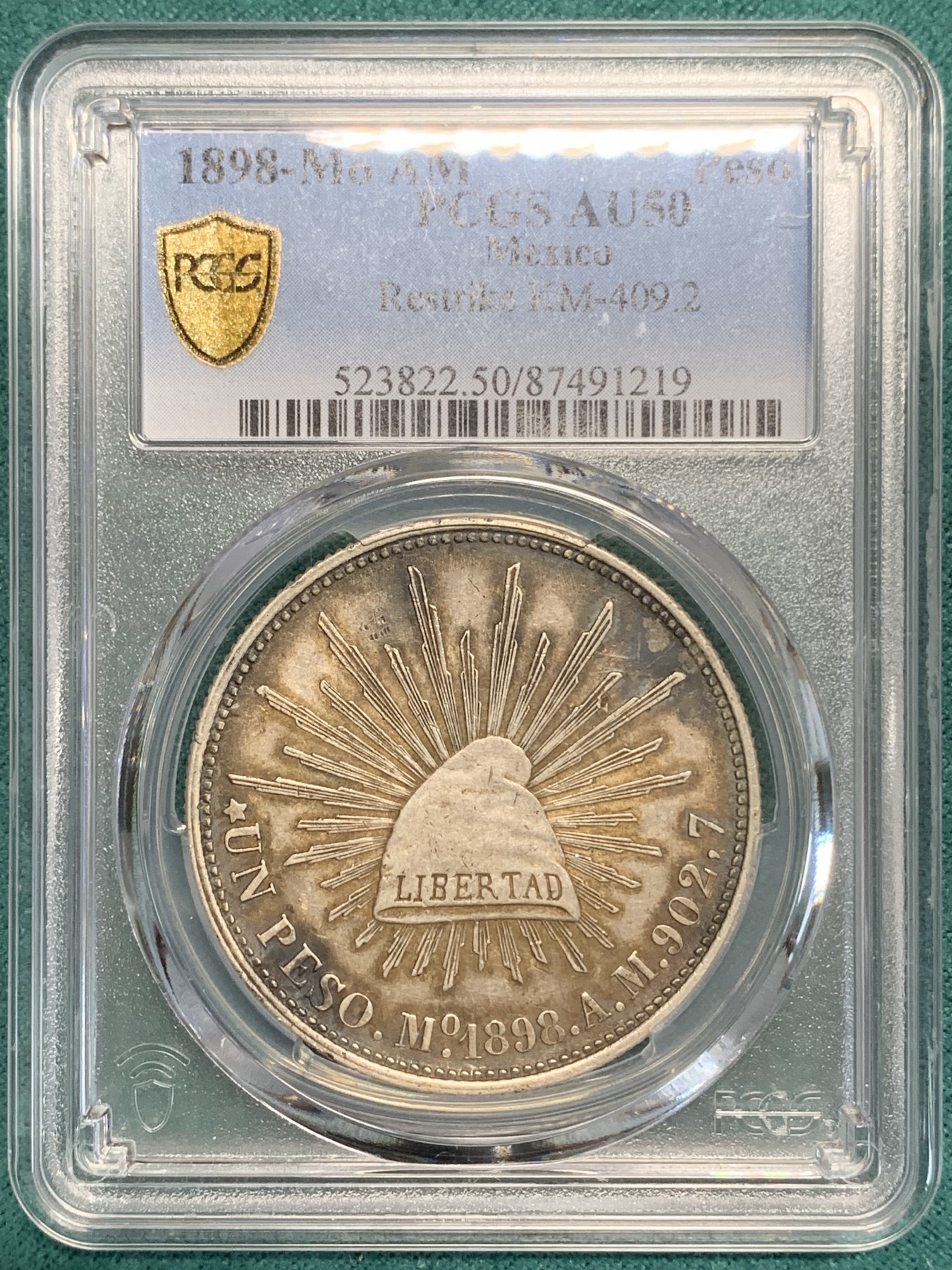 《竞宝斋》第194场-周日，周一 2场 (全场包邮) PCGS-AU50 墨西哥1898年鹰洋1比索银元  后铸版，五彩入骨包浆，压印清晰，味道极好